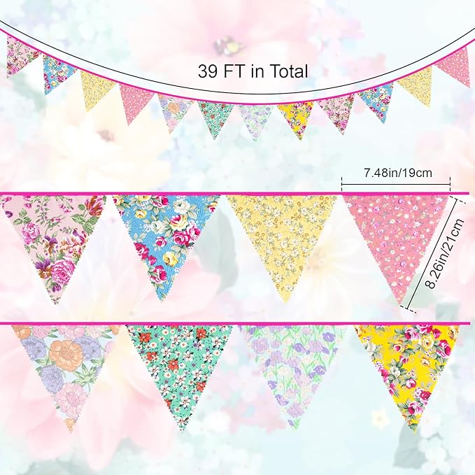 jijAcraft 39Ft Triangle Bunting Banner, 42Pcs Tea Floral Party Bunting Cotton Fabric Flags Pennant Garlands for Birthday Party, Wedding, Baby Shower, Outdoor and Home Decorations (Floral)