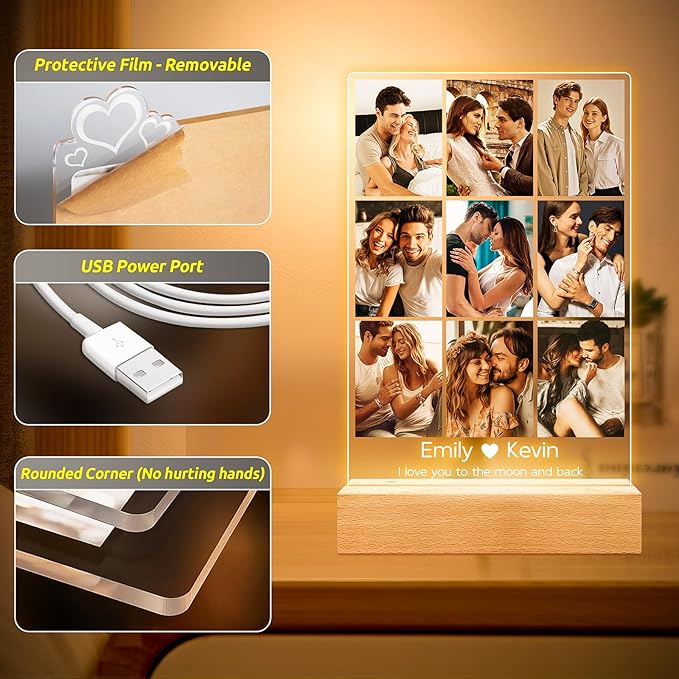 Personalized Picture Frame with Photos, Custom Picture Frames, Personalized Photo Frame with Night Light, Personalized Anniversary Birthday Gifts for Women Men Girlfriend Boyfriend Couples Her Him