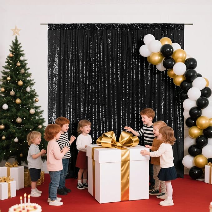 SquarePie Sequin Backdrop 6FT x 8FT Black Curtain Background for Halloween Wedding Party