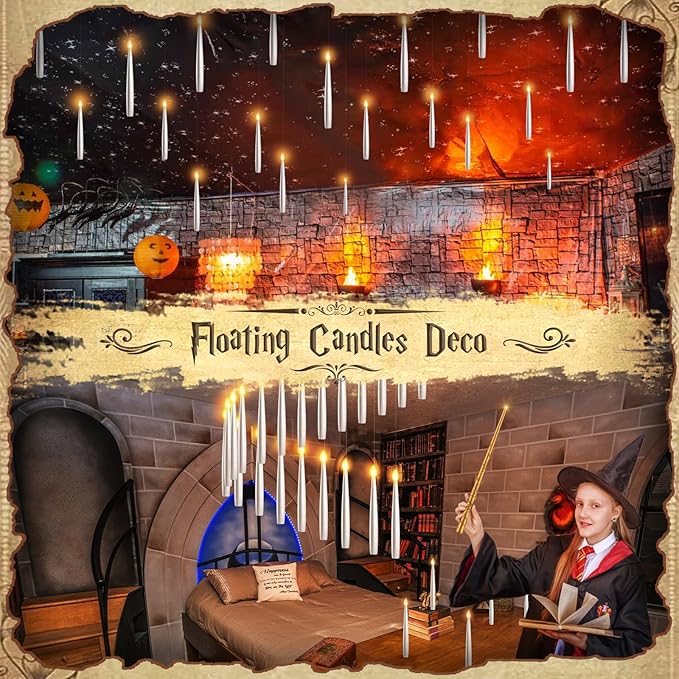 Halloween Floating Candles 18 Pcs - Magical Flameless Candles with Wand Flickering Warm Lights Ideal for Indoor Window Bedroom Halloween Cosplay Birthday Theme Party Decor