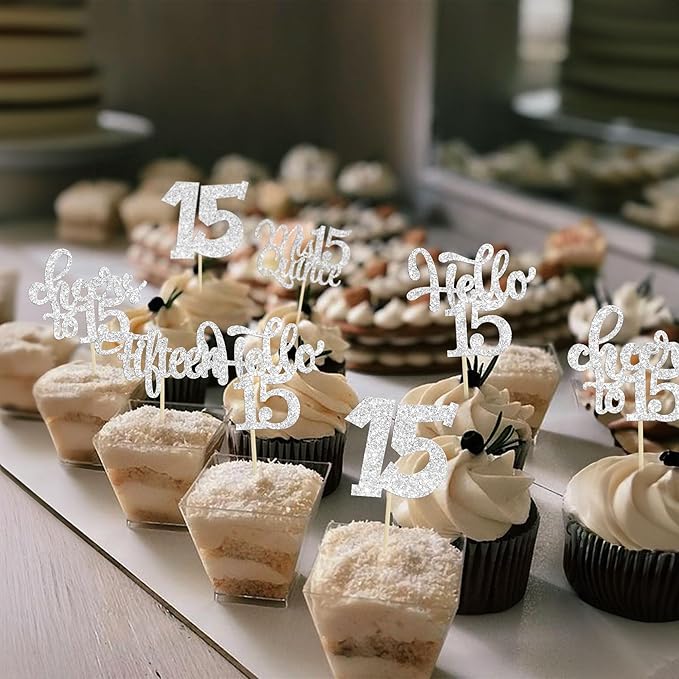 30Pcs 15th Birthday Cupcake Toppers Fifteen Cupcake Picks Cheers to 15 Years Old Mis Quince 15 Cake Decorations for 15th Birthday Anniversary Party Silver Glitter