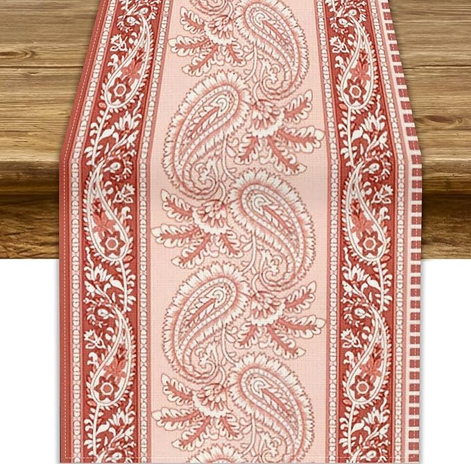 Pink Paisley Table Runner, Abstract Vintage Boho Paisley Flowers Leaves Print Table Runner for Home Kitchen Dining Room Wedding Party Decor, 13x36inch