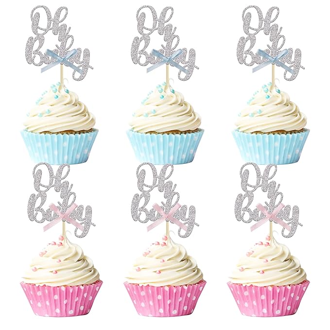 Gyufise 36Pcs Oh Baby Cupcake Toppers with Blue Pink Bowknot Silver Glitter Baby Shower Cupcake Picks Gender Reveal Cupcake Topper Decoration for Gender Reveal Baby Shower Kids Birthday Party Supplies