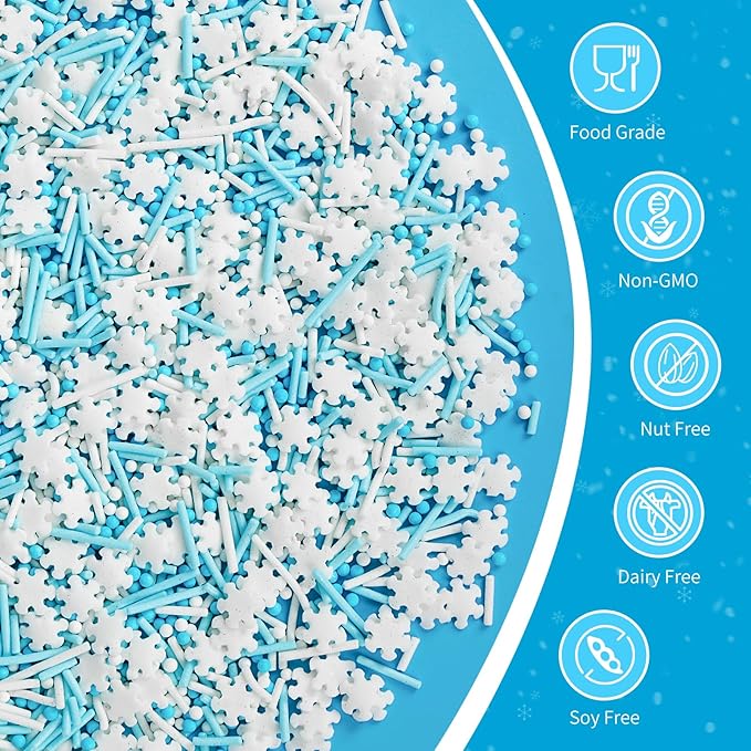 Edible White Snowflake Sprinkles,Blue White Nonpareils Pearls Jimmies Mix Sugar Sprinkle,100g,Snow Block Candy for Cake Decorating,Holiday Cake Decorations,Dessert,Cookies,Christmas Winter Baking Decorating
