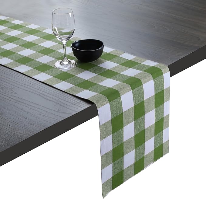 Native Fab Table Runner Buffalo Check Plaid 100% Cotton - 13x72 Inches Kitchen Dining Table Decoration for Indoor Outdoor Farmhouse Home Party Decor - Mint Green and White