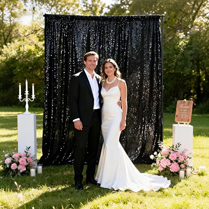 VOK Black Sequin Backdrop Curtains 2 Panels 2FTx8FT Glitter Photography Background for Wedding Birthday Christmas Party Decorations