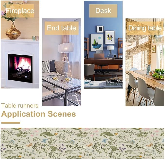 Floral Botanical Table Runner, Garden Spring Flower Botanical Butterfly Animal for Restaurant, Kitchen, Wedding, Party Rectangular Table Runner Decoration,13in（33cm） W * 36in（92cm） L