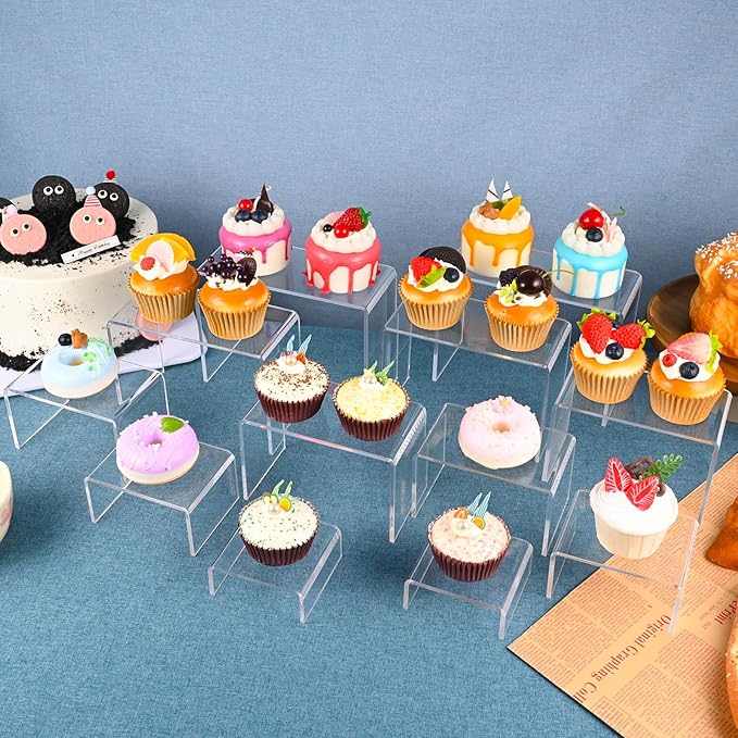12 Pcs Acrylic Display Risers, 2 Sets Small Size Clear Acrylic Risers, 0.15" Thick Display Stands for Dessert, Cupcake, Candy, Figure & Jewelry Showcase