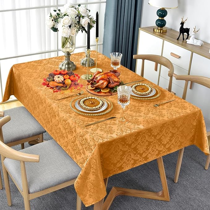 SASTYBALE Amber Rectangle Jacquard Tablecloth, Spill Wrinkle Proof Damask Table Cloth for Rectangle Tables, Rectangular Harvest Fall Inddor Outdoor Tablecloths, 60x 120 Inch Amber