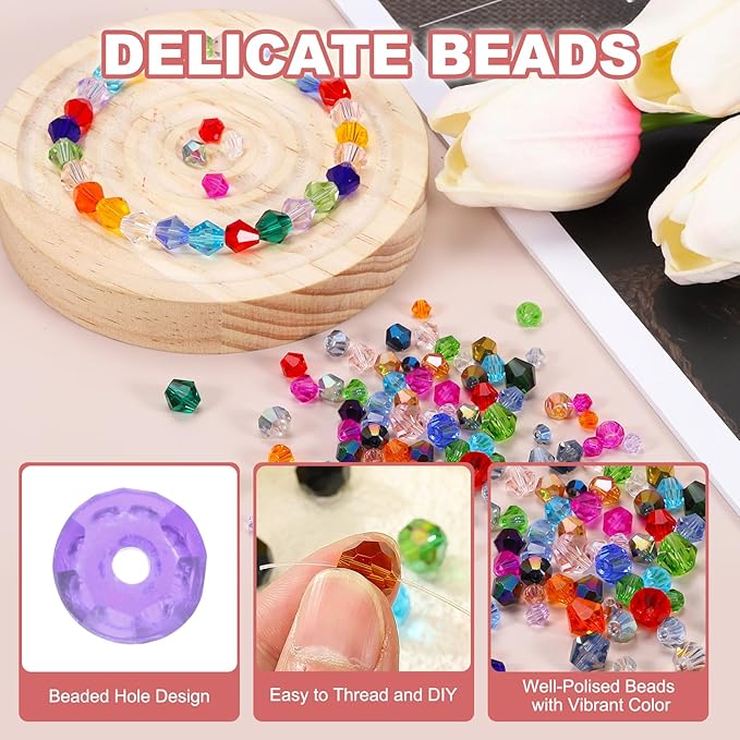 PATIKIL 1000pcs 4mm Bicone Glass Crystal Beads, Faceted Glass Spacer Beads with Box for Jewelry Making Bracelet Necklace Earrings DIY Suncatcher Craft, Purple