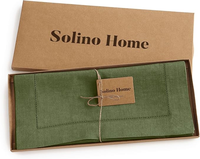 Solino Home Linen Table Runner 36 Inches - 100% Pure Linen Olive Hemstitch Table Runner 14 x 36 Inch Ideal for Dresser and Coffee Tables - Classic Hemstitch - Thanksgiving