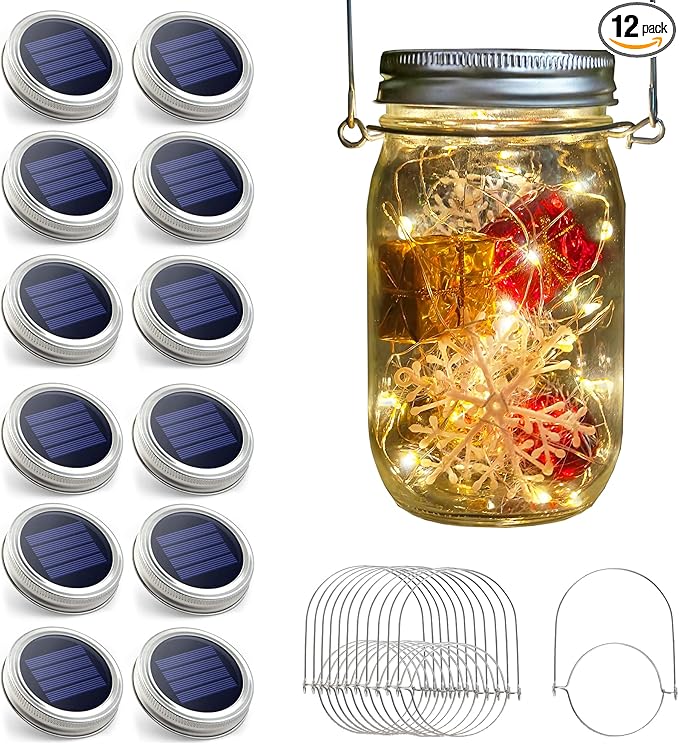 Urvoix Solar Mason Jar Lights - 12 Pack 30 Led Waterproof Jar Lids String Lights with 12 Handle, Perfect for Outdoor Garden Backyard Decorations