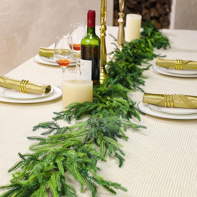 Jutom Christmas Norfolk Pine Garland Realistic Artificial Faux Greenery Cedar Garland for Mantle Holiday Indoor Outdoor Fireplace Winter Christmas Decorations(2 Pcs,9 Feet)