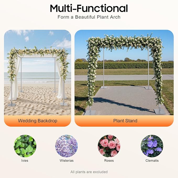 Wedding Backdrop Stand 4 Post,5ft~10 ft Adjustable Wedding Hardware Kit Chuppah Canopy Detachable Metal Background Frame Photo Booth for Party Wedding Ceremony Event