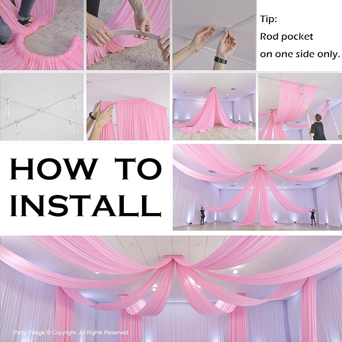 PartyVillage 10 Panels 5ftx30ft Baby Pink Ceiling Drapes for Wedding Parties – 30 FT Extra Long Thick Polyester Wrinkle-Free Drapery Tent Decor Decorations for Birthday Party Ceremony Stage Swag