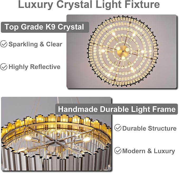 Modern Crystal Chandelier, 27.5" Silver Chandelier for Dining Room, 9-Light Luxury Round Chandeliers, 5-Tier Contemporary Light Fixture for Living Room, Bedroom, Foyer, Entryway