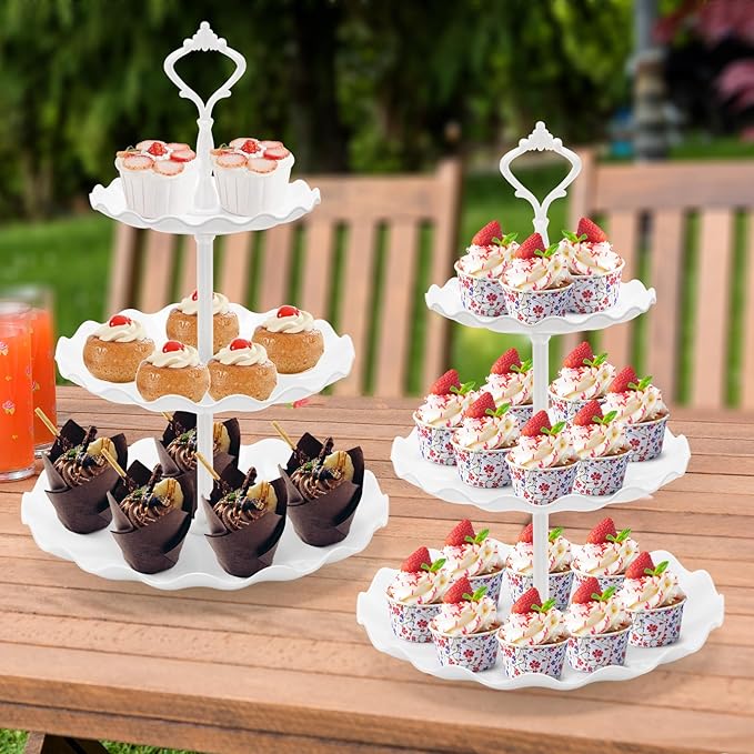 Coitak 3 Tier Cupcake Stand, Plastic Tiered Serving Stand, Dessert Tower Tray for Tea Party, Baby Shower and Wedding (Wavy-White Rod)