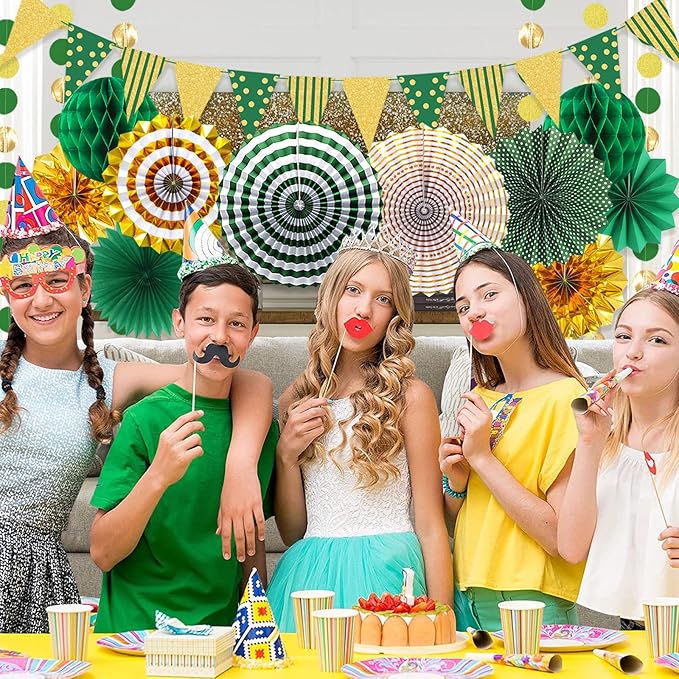 Paper Fans Party Decorations Glitter Paper Triangle Flag Pennant Banner Tassel Garland Circle Banners Party Supplies for Bachelorette, Birthday, Engagement Wedding, Baby Bridal Shower Green Gold