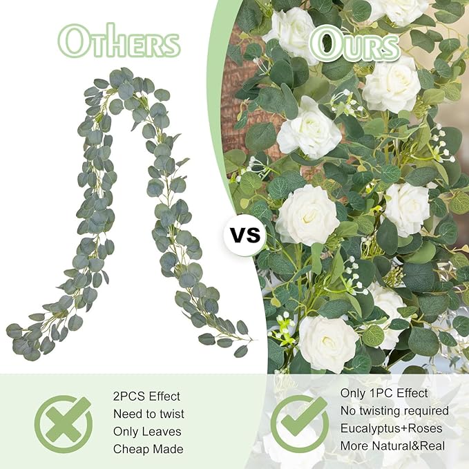 MACTING 6.6FT Fake Flower Garland with White Roses Artificial Gypsophila Eucalyptus Garland Floral Greenery Vine for Wedding Arch Table Centerpieces Backdrop Party Home Summer Decorations