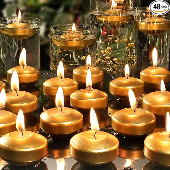 2 inch Gold Floating Candles, 48 Pack Unscented Floating Candles for Centerpieces,5-6 Hours Water Activated Candle Bulk for Cylinder Vases Wedding Pool