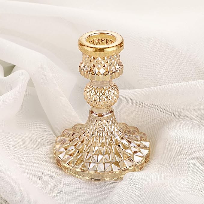 OwnMy Set of 2 Gold Glass Taper Candle Holders Decorative Glass Candlestick Holders, Modern Taper Candle Stands Candlesticks for Dining Table Centerpieces Wedding Church Decor