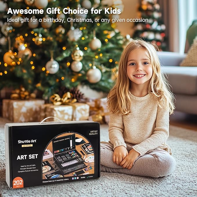Shuttle Art Deluxe Gift Art Kit, 202-Piece Wooden Art Supplies Set with 4 Drawing Pads, Canvases, Coloring Sheets, Acrylic Paint, Crayons, Oil Pastels, Colored Pencils for Kids