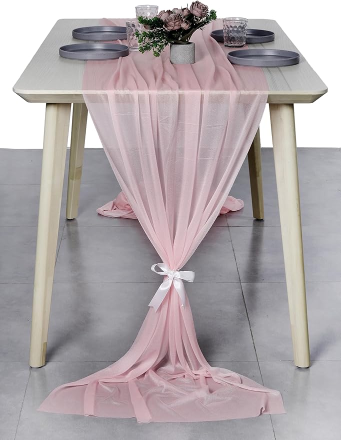 MDS 5 Pack 10ft Chiffon Table Runner 29 x 120 Inches Sheer Wedding Runner Romantic Rustic Table Runner for Wedding Decorations, Birthday Parties, Bridal Shower Party Arch Decor - Blush Pink