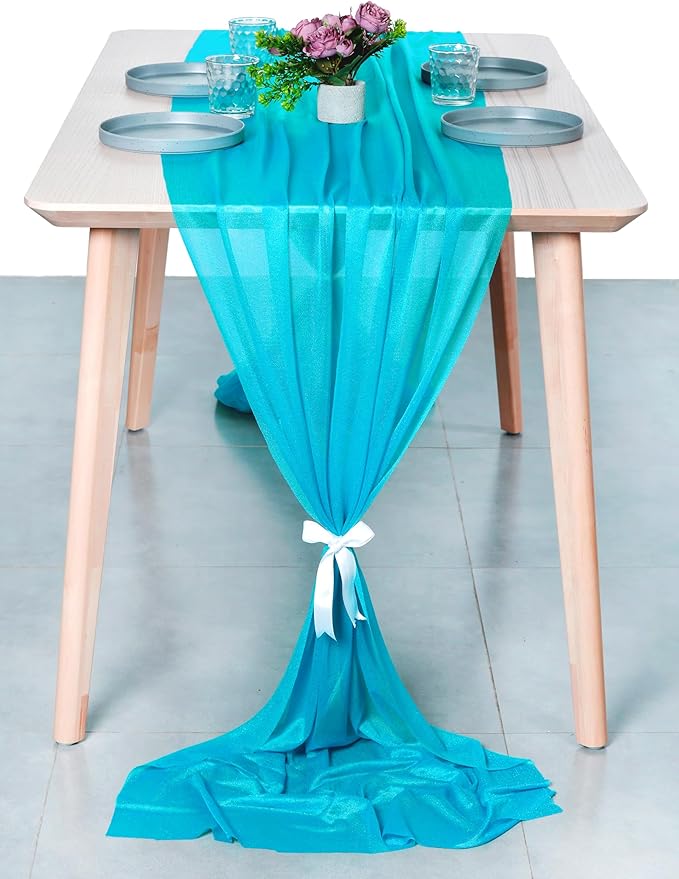MDS 25 Pack 10ft Chiffon Table Runner 29 x 120 Inches Sheer Wedding Runner Romantic Rustic Table Runner for Wedding Decorations, Birthday Parties, Bridal Shower Party Arch Decor -Turquoise