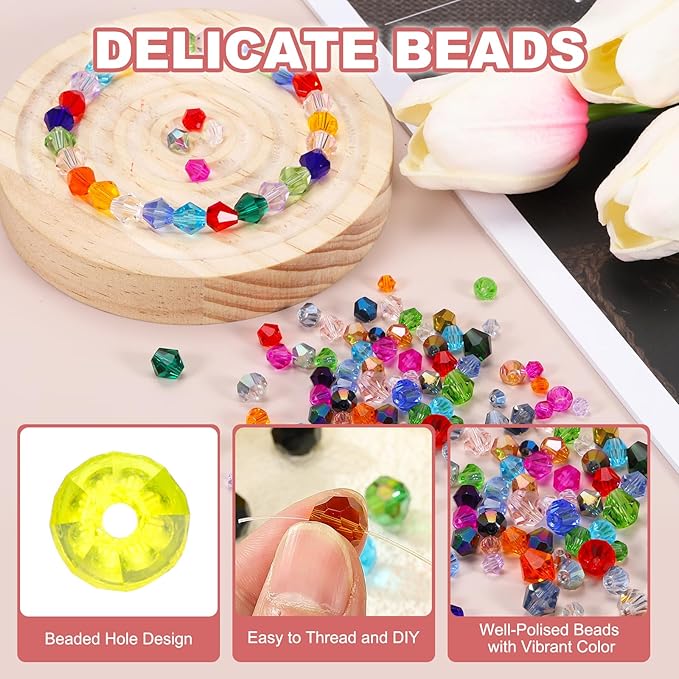 PATIKIL 1000pcs 4mm Bicone Glass Crystal Beads, Faceted Glass Spacer Beads with Box for Jewelry Making Bracelet Necklace Earrings DIY Suncatcher Craft, Yellow AB