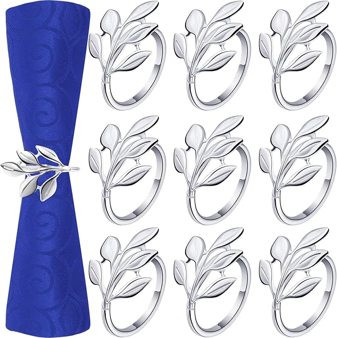 Hotop 72 Pcs Leaf Napkin Rings Set Silver Metal Napkins Rings Holders Bulk Glossy Table Adornment for Vintage Wedding Bridal Thanksgiving Christmas Holidays Fall Dinner Party Decoration Favors