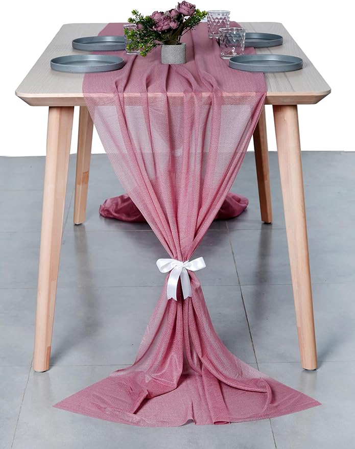 MDS 5 Pack 10ft Chiffon Table Runner 29 x 120 Inches Sheer Wedding Runner Romantic Rustic Table Runner for Wedding Decorations, Birthday Parties, Bridal Shower Party Arch Decor - mauva