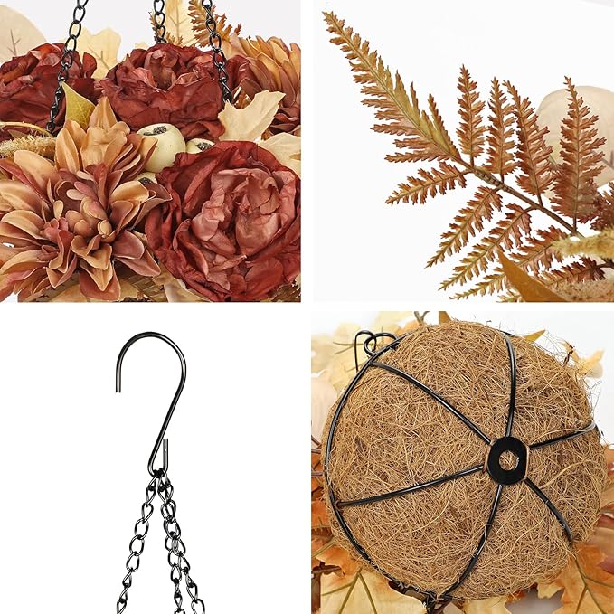 Hollyone Fall Hanging Baskets Peonies Artificial Flowers Fall Hanging Decor Peonies Flowers Faux Plants Baskets for Indoor Outdoor Fake Peony for Porch Patio Garden Autumn Decorations for Home