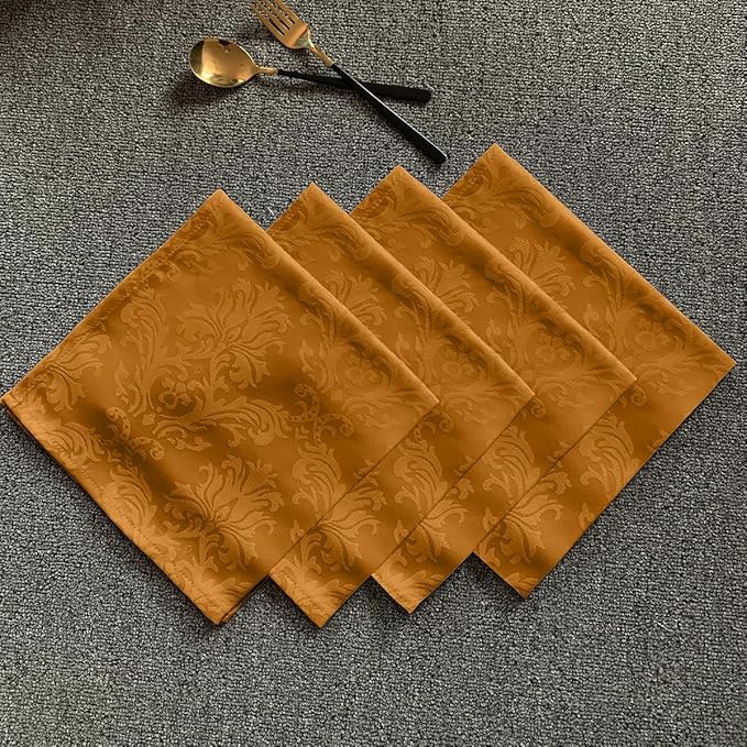 Fall Cloth Napkins 20 x 20 Inch Set of 4 Washable Reusable Jacquard Damask Autumn Table Napkins for Harvest, Thanksgiving, Holiday, Brown/Amber (4 Pieces/Packs)