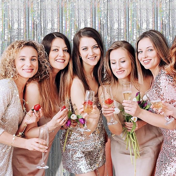 Tinsel Curtain Party Backdrop Silver Birthday Decorations 5 Packs Glitter Foil Fringe Curtain Party Decor Streamers Photo Booth for Birthday Christmas Wedding Halloween Graduation Decorations