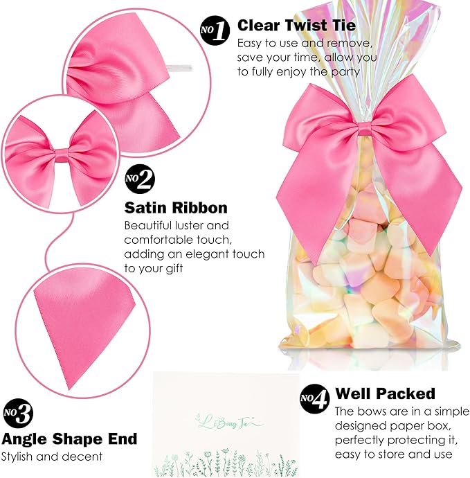 5'' Hot Pink Bow Party Decorations Satin Bows, Twist Tie Bows for Treat Bags, Cake Pops, Pre-Tied Bow Premade Ribbon Bows for Crafts, Holiday Bows for Gift Wrapping, Wedding Decor-24 Counts
