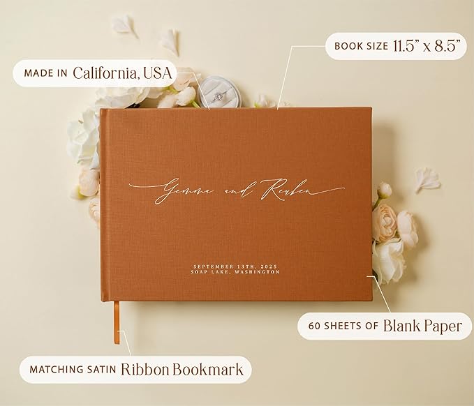 MUUJEE Personalized Guestbook in Terracotta - Premium Custom Modern Guest Book for Wedding Reception, Birthday Party or Events w/Bookmark Blank Pages for Signing 11.5 x 8.5 inches