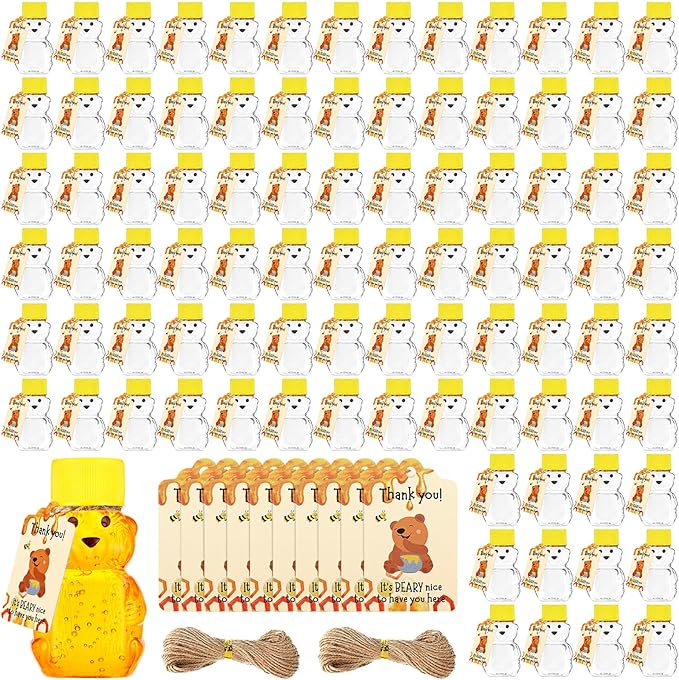 96 Sets 2 oz Plastic Honey Bear Bottle Bear Shape Clear Empty Honey Jar 96 Tags 2 Rolls Jute Rope Honey Containers Empty Honey Dispenser for Baby Shower Party Favors Gifts (Yellow Lid)