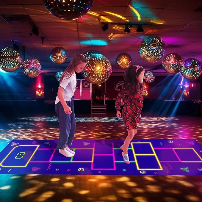 Haull 118 x 39 Inch Neon Light up Dance Floor Glow in The Dark Runner UV Reactive Blacklight Floor Aisle Runner Decor Wall Props for 80s 90s Neon Birthday Party Decorations(Hopscotch)