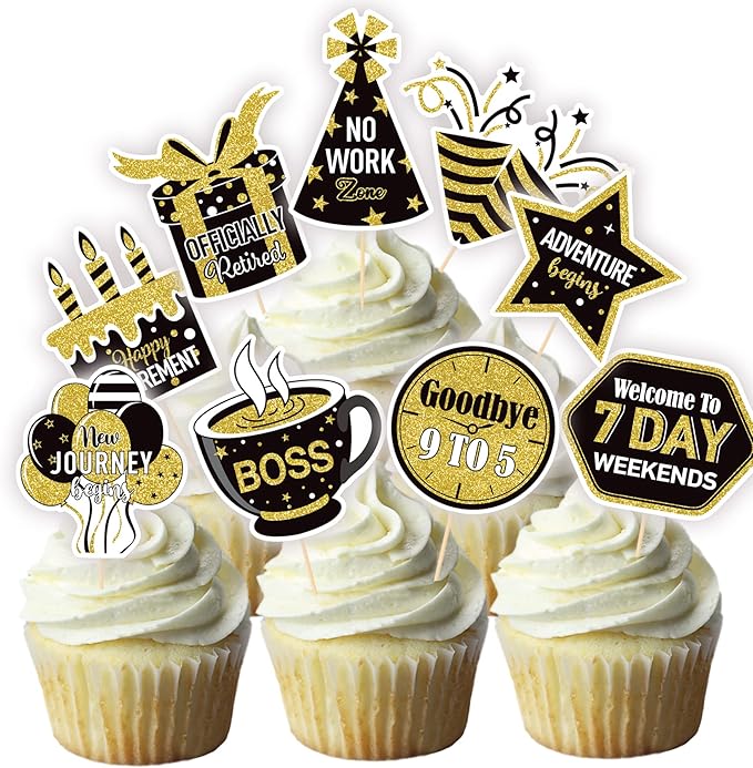 36 Pcs Happy Retirement Cupcake Toppers - NO DIY - Retired Cupcake Picks Retirement Theme Party Cake Decorations Gold Glitter