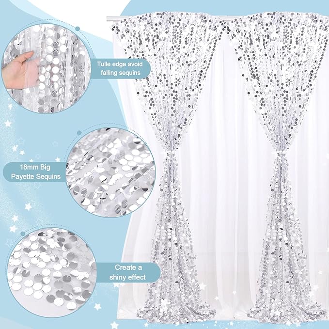 Silver Sequin Backdrop Curtains 2 Panels 4FTx8FT Big Payette Glitter Backdrop Baby Shower Photography Backdrop Background