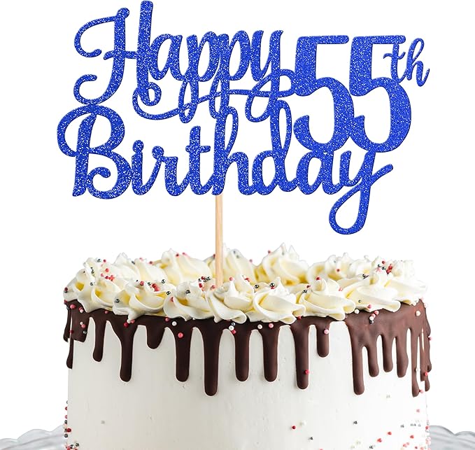 1 PCS Happy 55th Birthday Cake Topper Glitter Cheers to 55 Years Birthday Cake Pick Fifty Five 55 Fabulous Cake Decoration for Happy 55th Birthday Theme Party Decorations Supplies Blue