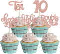 30Pcs 10th Birthday Cupcake Toppers Ten Double Hello 10 Cupcake Picks Cheers to 10 Years Old Cake Decorations for 10th Birthday Party Supplies Rose Gold Glitter