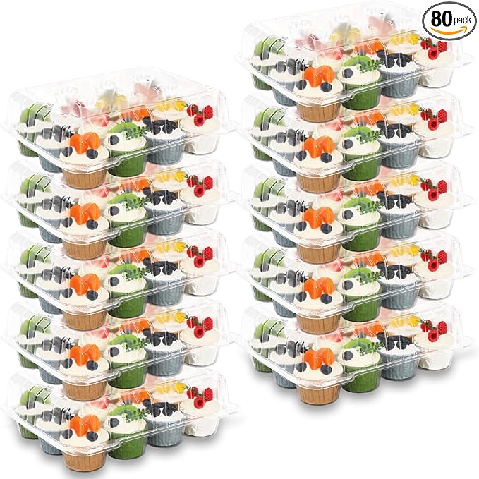 80 Pack Plastic Cupcake Containers 12-Compartment Clear Cupcake Boxes Disposable Cupcake Tray Holders 12 Cavity Cupcake Carriers with Deep Dome For Cupcake Muffin Packaging