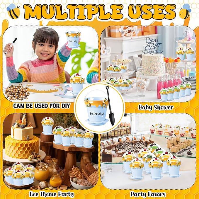 30 Sets Mini Honey Bee Pots with Lids, Spoon, Saucers and Bee Charms, 6.76 OZ Plastic Honey Jars for Cupcake Dessert Themed Party Favor Planter Baby Shower Birthday Wedding Decoration (Blue)