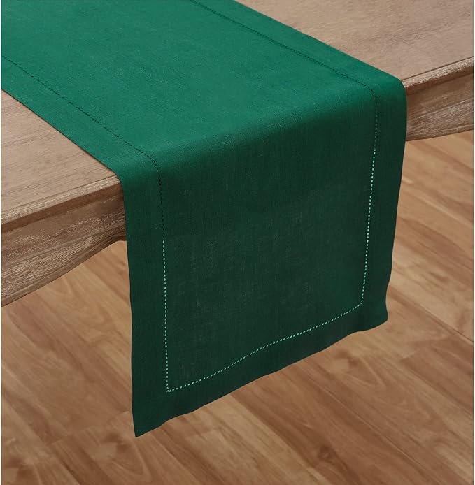Solino Home Linen Rainforest Green Table Runner 144 Inches Long - 100% Pure Linen Extra Long Table Runner 14 x 144 Inch for Fall, Autumn, Thanksgiving - Classic Hemstitch