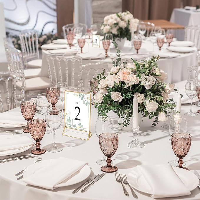 16 Pieces Gold Rimmed Clear Acrylic Table Sign Holders, Double Sided Frame with Gold Border and Vertical Stand for Wedding Table Number, Restaurant Sign, Photo Display, Menu Holder (5 x 7 Inch)
