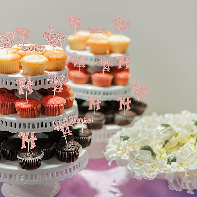 30Pcs 14th Birthday Cupcake Toppers Hello 14 Cupcake Picks Fourteen Cheers to 14 Years Old Cake Decorations for 14th Birthday Anniversary Party Supplies Rose Gold Glitter