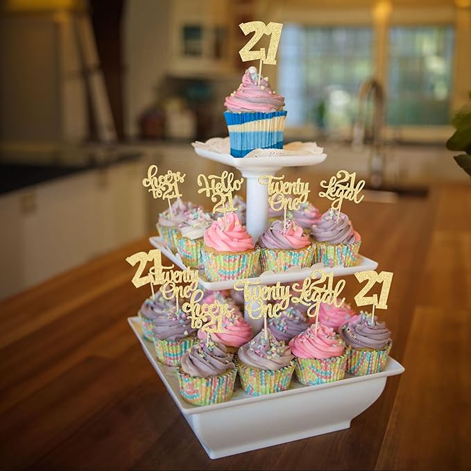 30Pcs 21st Birthday Cupcake Toppers: 21 Legal Cupcake Picks, Cheers to 21 Years Old Cake Decorations for 21st Birthday Anniversary Party Supplies - Gold Glitter
