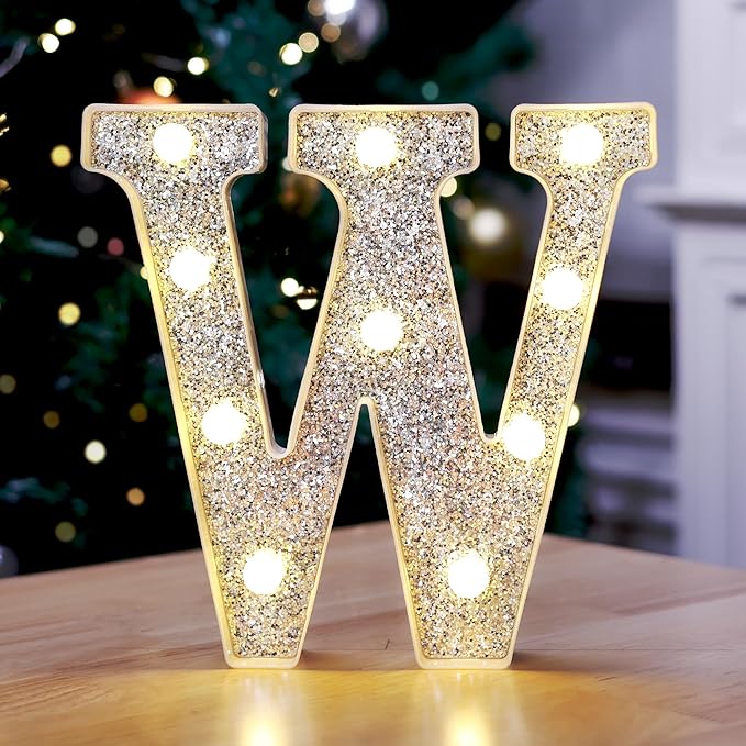 Marquee Light Up Letters, Glitter Silver LED Letter Lights Battery Powered Alphabet Letter Sign for Night Light Wedding Birthday Party Cafe Bar Decoration Girls Room Decor - W
