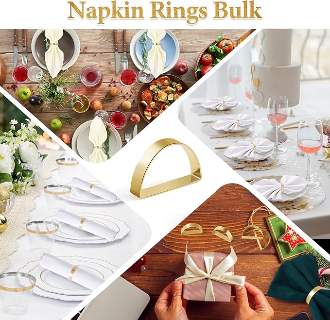 Gold Napkin Rings Set of 4, Stainless Steel Metal Gold Napkin Holder, Fall Thanksgiving Christmas Easter Napkins Rings for Table Decor Wedding, Banquet, Party